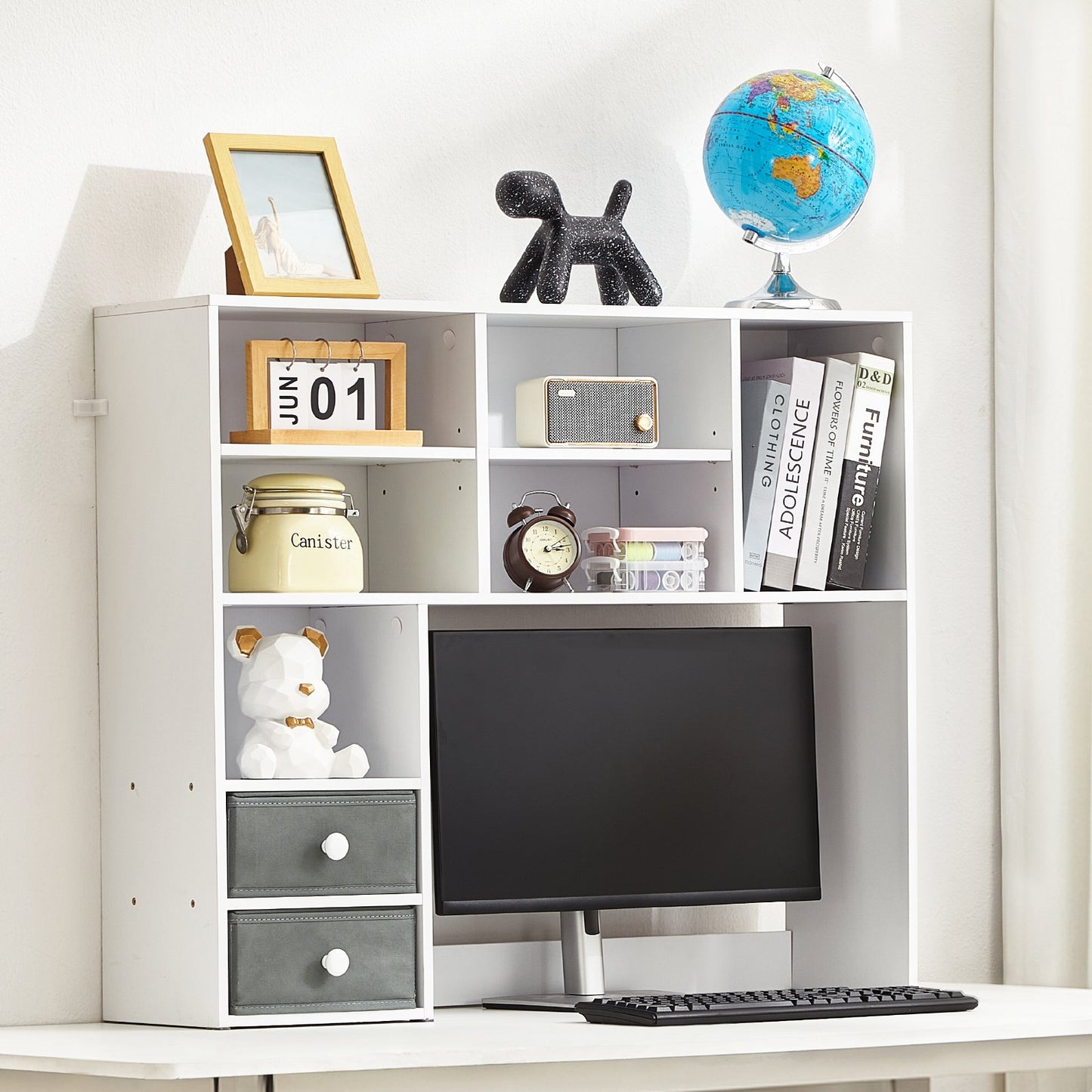 White 3-tier desktop bookshelf with fabric drawers, alternate view