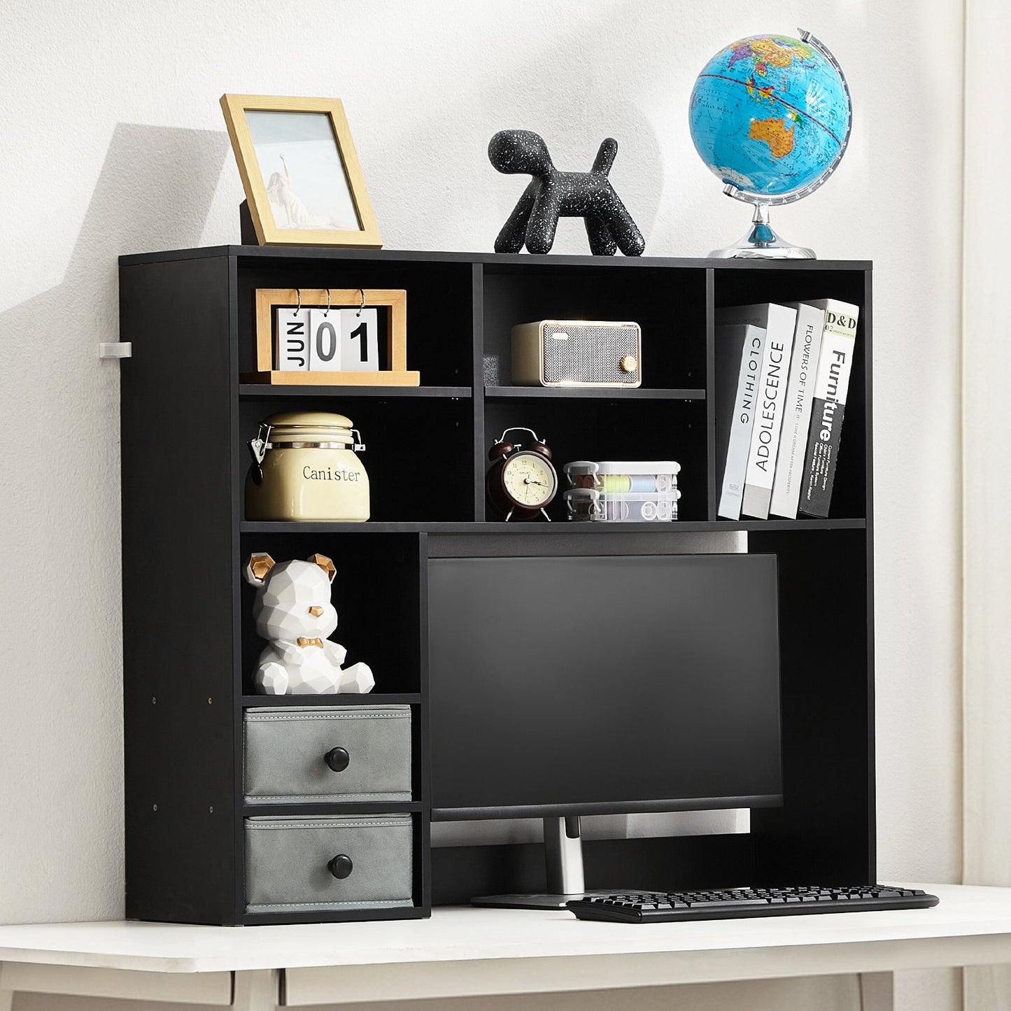 Black 3-tier desktop bookshelf with fabric drawers, alternate view