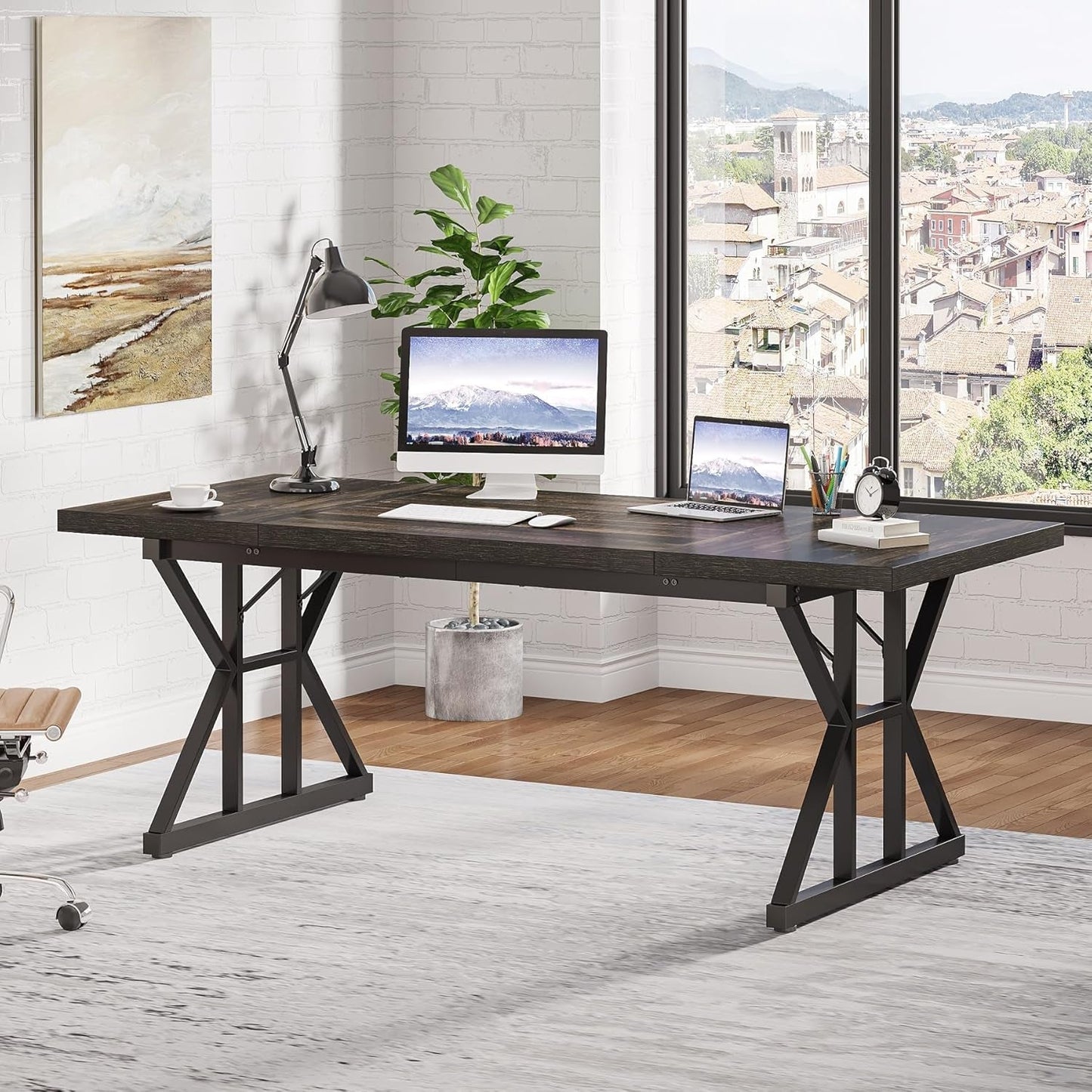 70.8 Inch Executive Desk Black Oak Office Desk Home Office-2