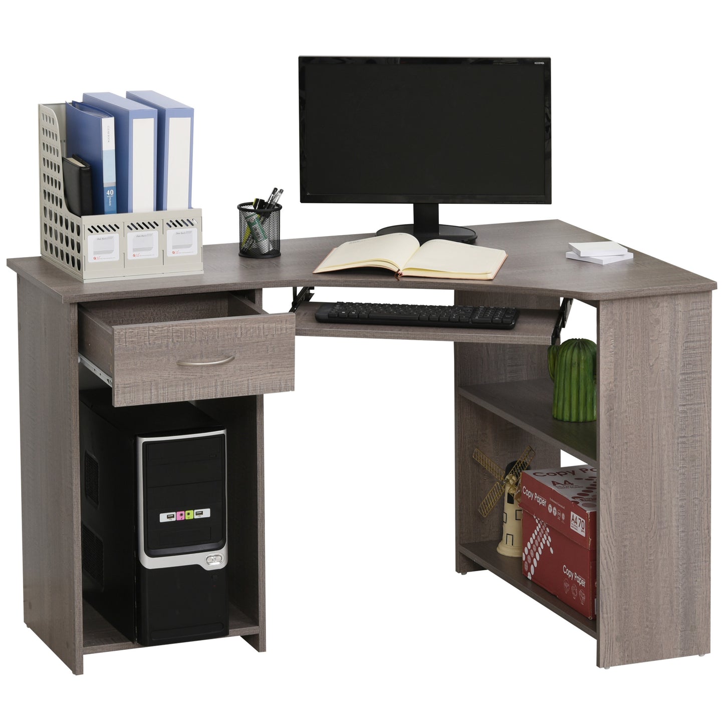 L-Shaped Corner Computer Desk W/ 2 Shelves Wide Worktop Keyboard Tray Drawer & CPU Stand Home Office Study Bedroom Furniture Grey