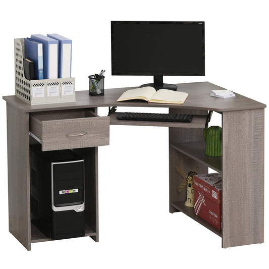 L-Shaped Corner Computer Desk W/ 2 Shelves Wide Worktop Keyboard Tray Drawer & CPU Stand Home Office Study Bedroom Furniture Grey