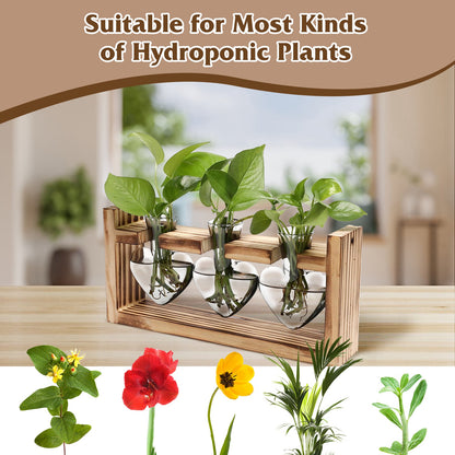 1Pc Plant Terrarium Propagation Station With 3 Heart Shaped Vases Wooden Stand Desktop Air Planter Bulb Glass Vase For Hydroponics Home Office Decor Gift For Plant Lovers