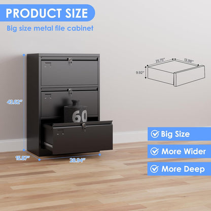 3 Drawer Lateral File Cabinet, Metal Wide Filing Cabinet With Independent Locks, Home Office Furniture For Hanging Files Letter Legal F4 A4 Size, Assembly Required, Black