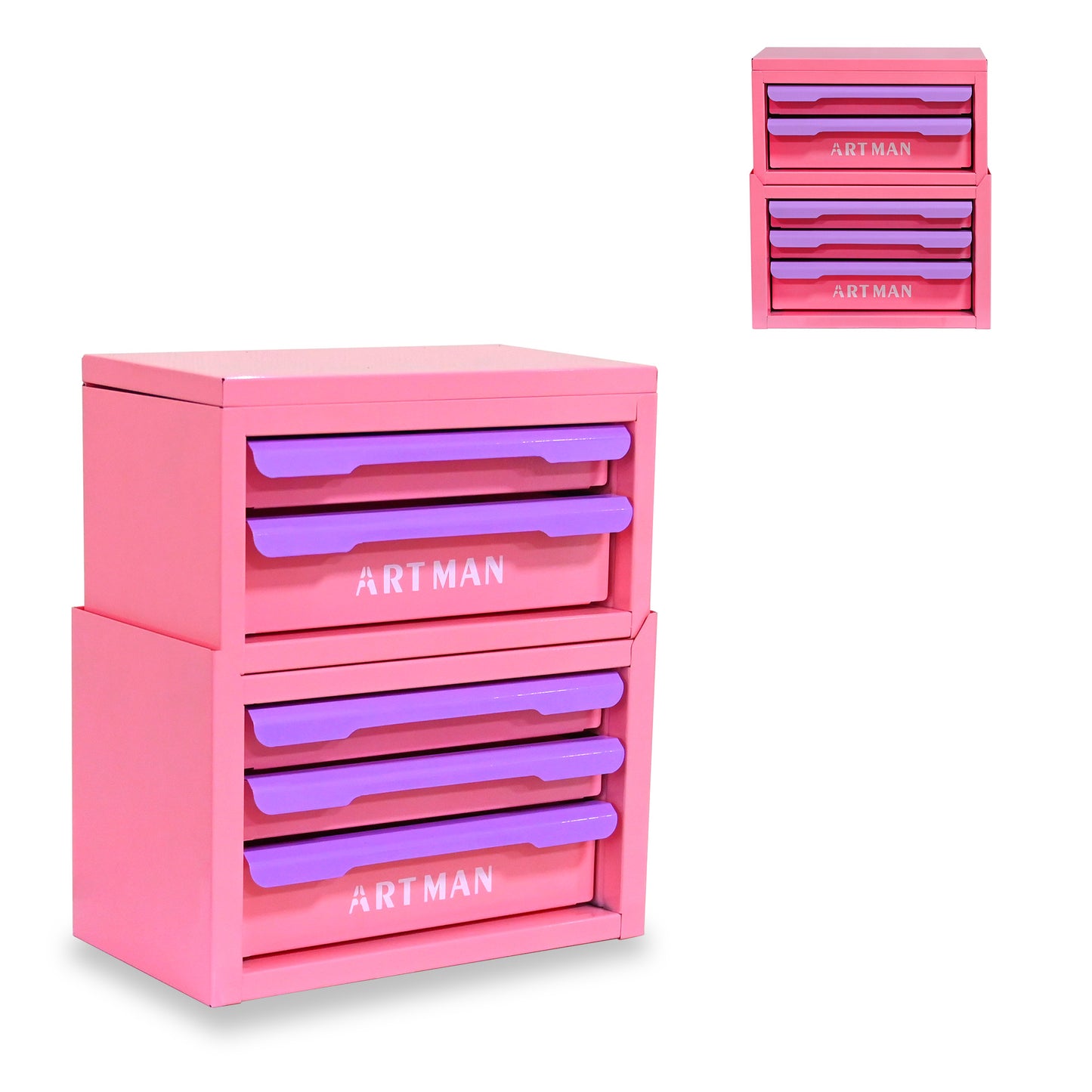 Pink and purple 5-drawer steel desktop organizer, alternate view