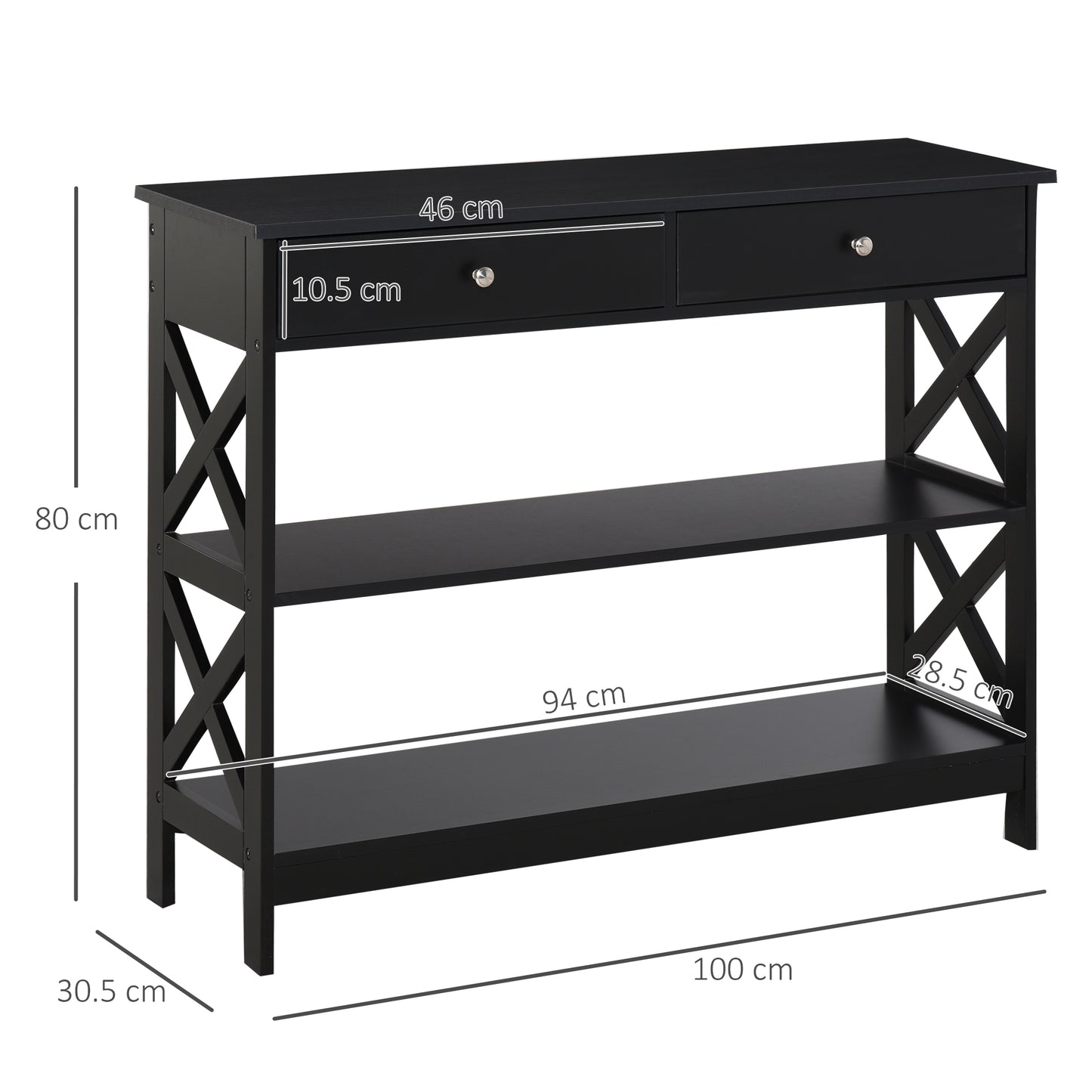 Console Table Side Desk W/ Shelves Drawers Open Top X Support Frame Living Room Hallway Home Office Furniture Black