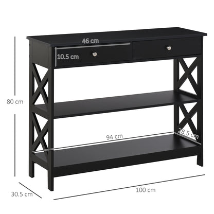 Console Table Side Desk W/ Shelves Drawers Open Top X Support Frame Living Room Hallway Home Office Furniture Black