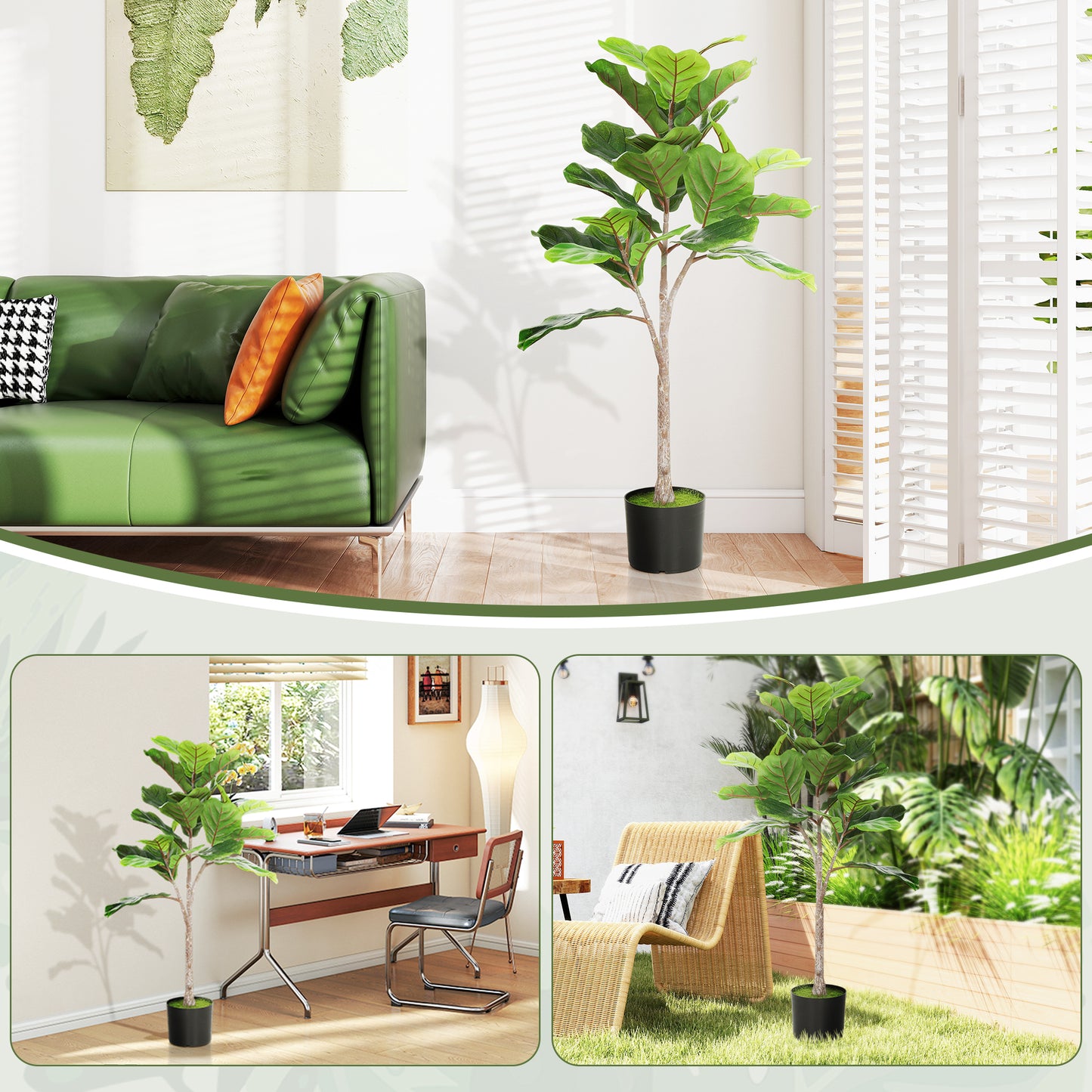 Artificial Fiddle Leaf Fig Tree, 43" Potted Plant with Flocked Soil for Home Office Decor, Green