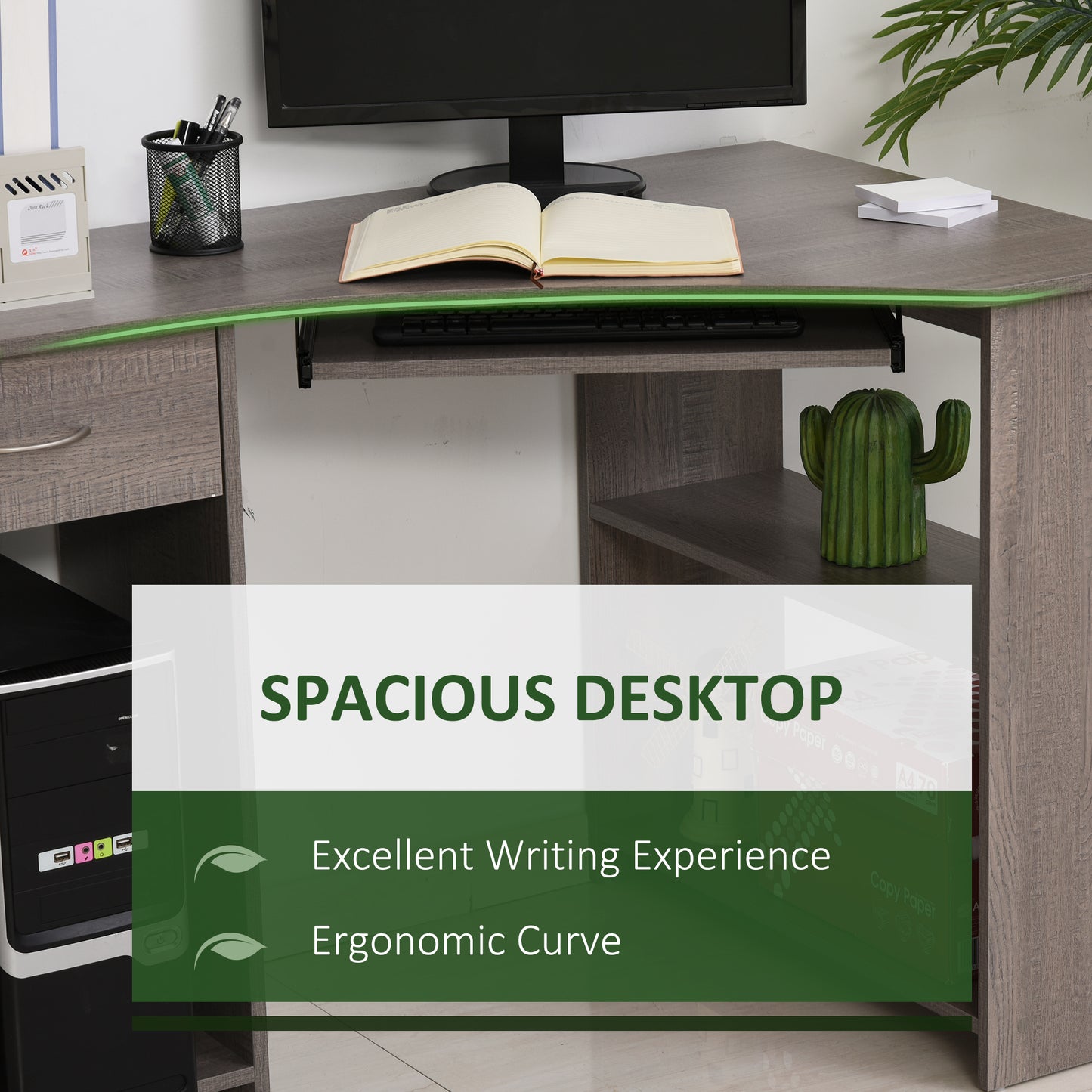 L-Shaped Corner Computer Desk W/ 2 Shelves Wide Worktop Keyboard Tray Drawer & CPU Stand Home Office Study Bedroom Furniture Grey