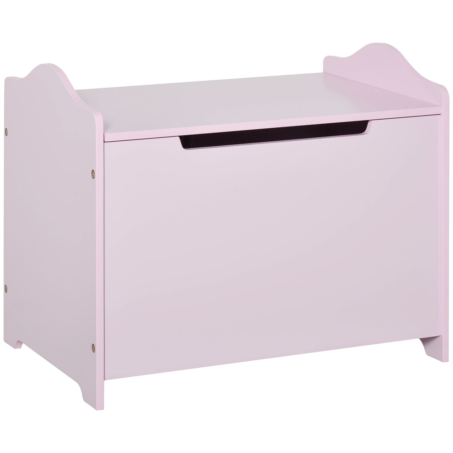 Pink wooden toy storage chest with safety hinge