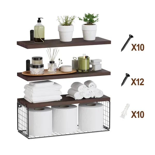 2 In 1 Floating Shelves Wall Mounted With Storage Basket Bathroom Shelves Over Toilet Wooden Shelves For Bedroom Living Room Kitchen Office Wall Decor Plants