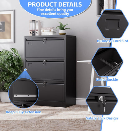 3 Drawer Lateral File Cabinet, Metal Wide Filing Cabinet With Independent Locks, Home Office Furniture For Hanging Files Letter Legal F4 A4 Size, Assembly Required, Black