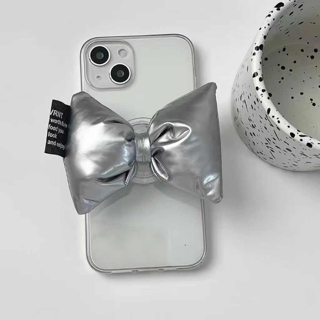 Transparent Soft Shell Silver Bow Down Stand Phone Case