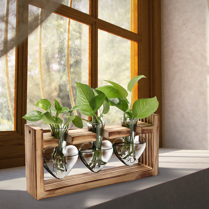 1Pc Plant Terrarium Propagation Station With 3 Heart Shaped Vases Wooden Stand Desktop Air Planter Bulb Glass Vase For Hydroponics Home Office Decor Gift For Plant Lovers