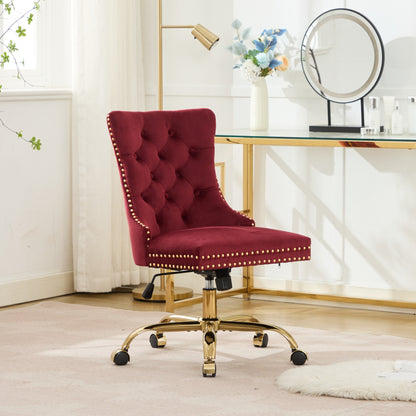 A&A Furniture Office Chair,Modern Velvet Upholstered Tufted Button Home Office Chair With Golden Metal Base,Adjustable Desk Chair Swivel Office Chair Wine Red