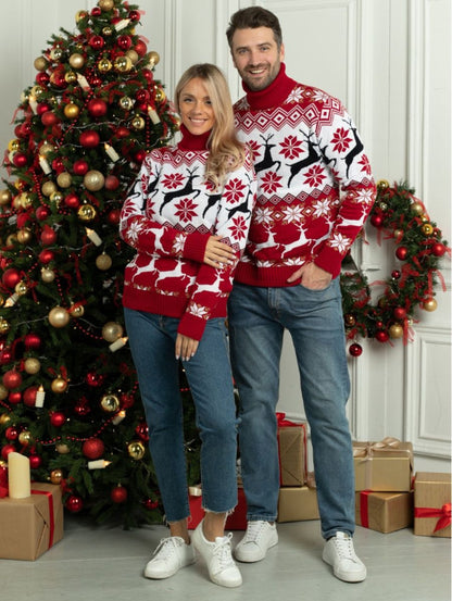 New Christmas Men's Women's Clothing Couple Wear Christmas Elk Jacquard Long Sleeve Turtleneck Sweater