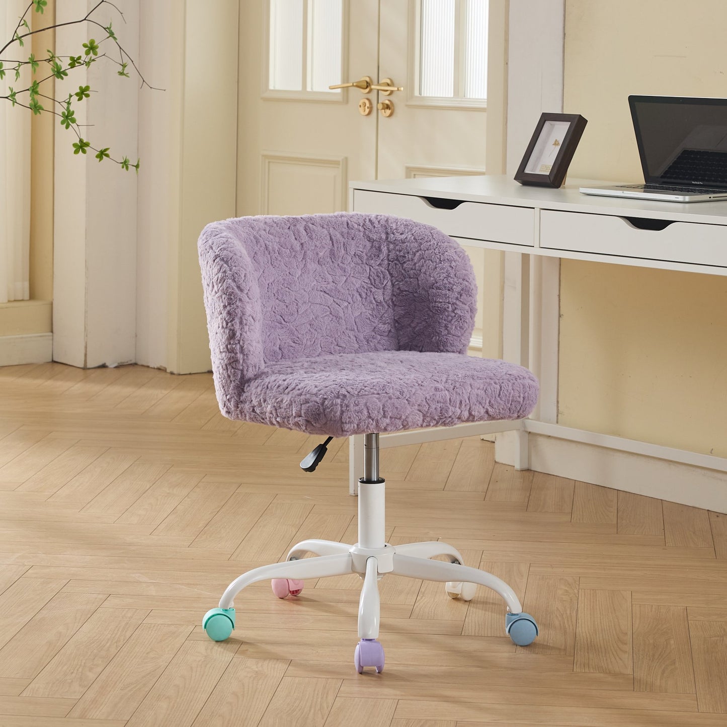 A&A Furniture Office Chair,Artificial Rabbit Hair Home Office Chair With Metal Base,Adjustable Desk Chair Swivel Office Chair,Vanity Chair Violet