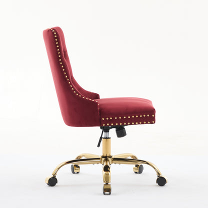 A&A Furniture Office Chair,Modern Velvet Upholstered Tufted Button Home Office Chair With Golden Metal Base,Adjustable Desk Chair Swivel Office Chair Wine Red
