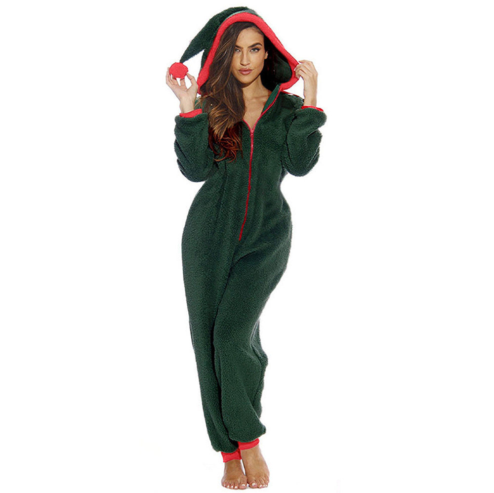 Women's Home Wear Christmas Plush Zipper Jumpsuit