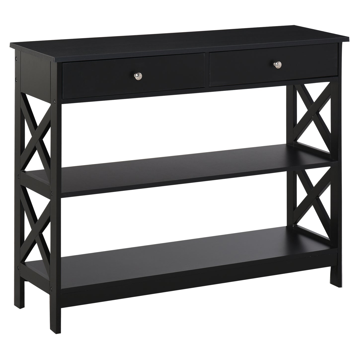 Console Table Side Desk W/ Shelves Drawers Open Top X Support Frame Living Room Hallway Home Office Furniture Black