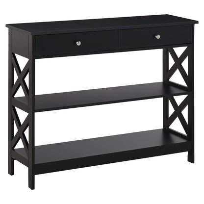 Console Table Side Desk W/ Shelves Drawers Open Top X Support Frame Living Room Hallway Home Office Furniture Black