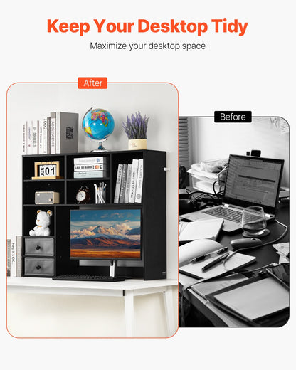 Desktop Bookshelf, 3-Tier Desktop Storage Organizer, 37' X 10' X 31.1' Office Storage Rack Wood Display Shelf, Desktop Bookshelf Hutch With Two Fabric Drawers, For Office, Home & Dorm, Black