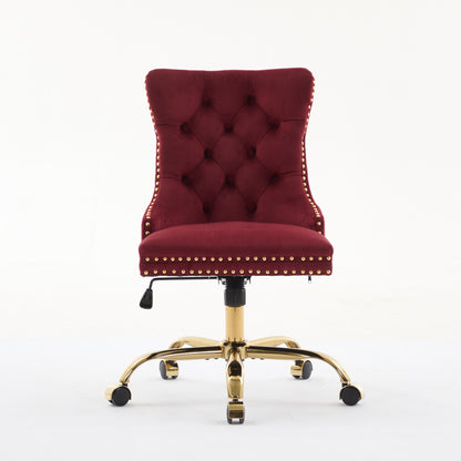 A&A Furniture Office Chair,Modern Velvet Upholstered Tufted Button Home Office Chair With Golden Metal Base,Adjustable Desk Chair Swivel Office Chair Wine Red