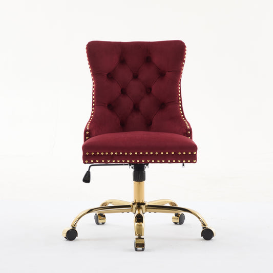 A&A Furniture Office Chair,Modern Velvet Upholstered Tufted Button Home Office Chair With Golden Metal Base,Adjustable Desk Chair Swivel Office Chair Wine Red