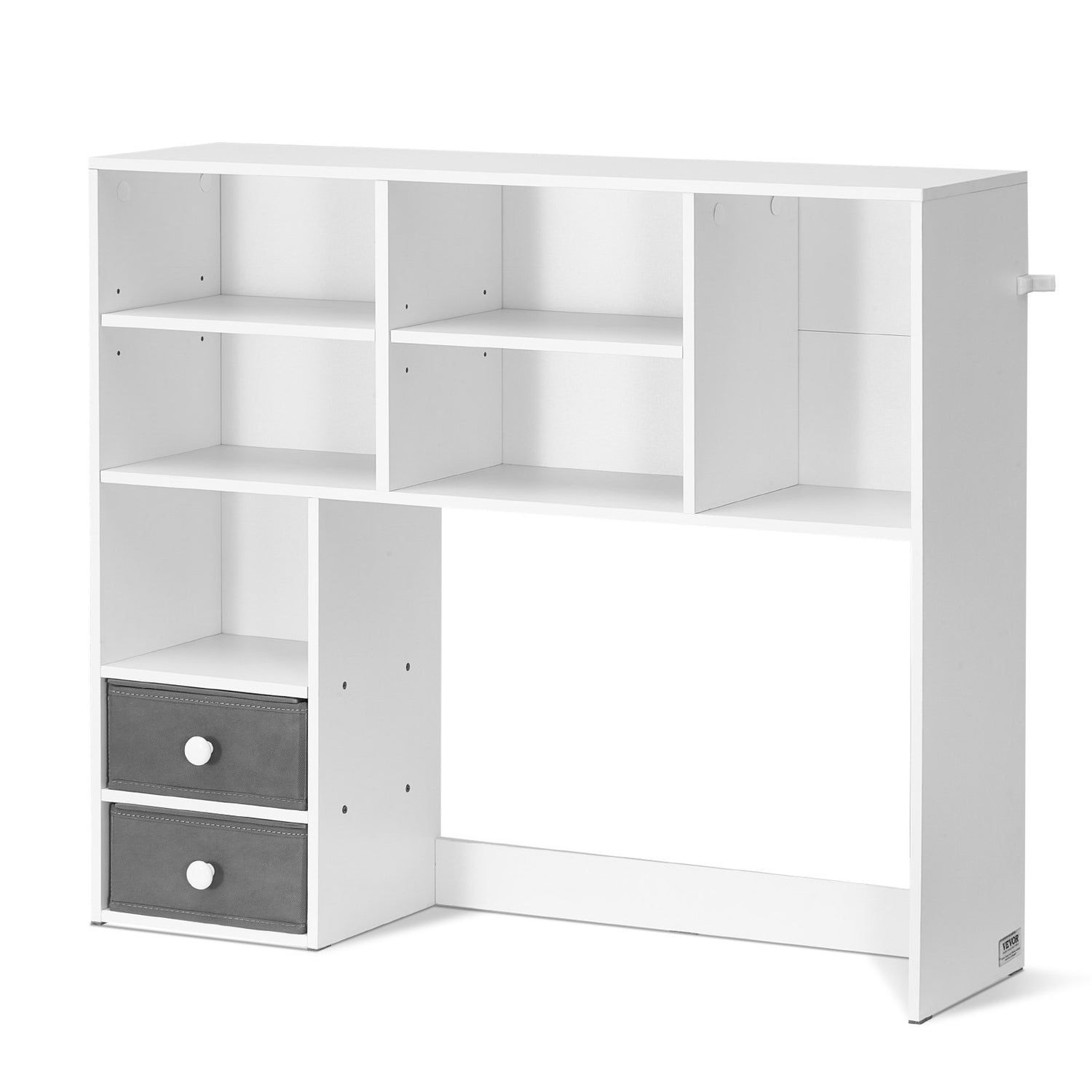 White 3-tier desktop bookshelf with fabric drawers