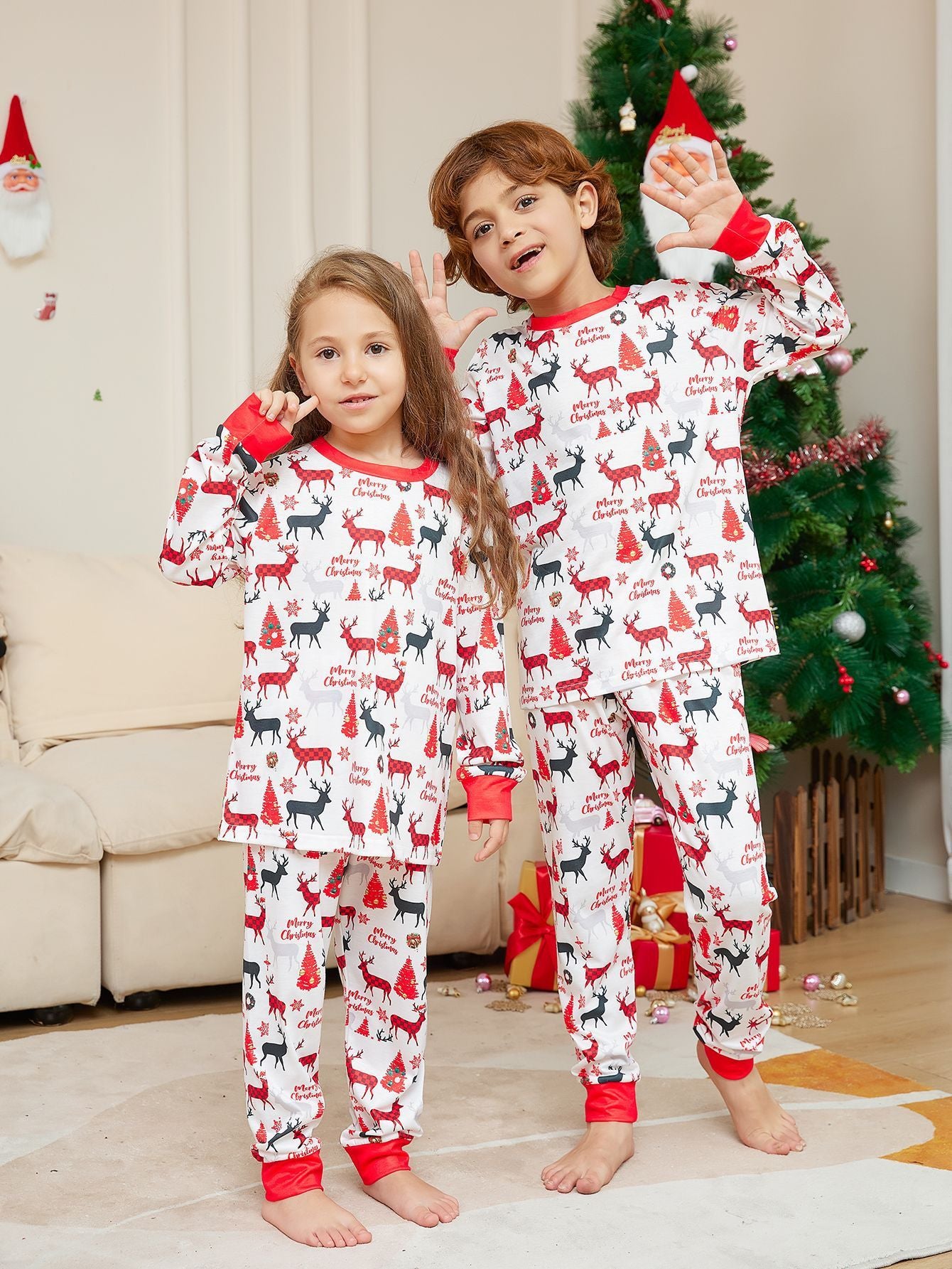 Cartoon Flower Deer Print Parent-child Christmas Pajamas Home Wear Suit