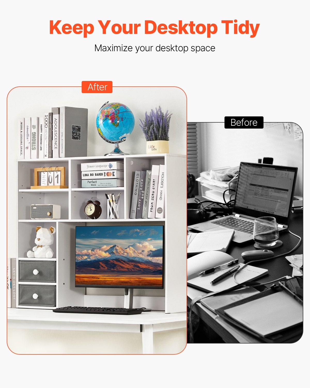 Desktop Bookshelf, 3-Tier Desktop Storage Organizer, 37' X 10' X 31.1' Office Storage Rack Wood Display Shelf, Desktop Bookshelf Hutch With Two Fabric Drawers, For Office, Home & Dorm, White