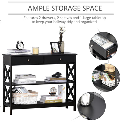 Console Table Side Desk W/ Shelves Drawers Open Top X Support Frame Living Room Hallway Home Office Furniture Black