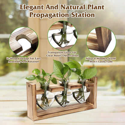 1Pc Plant Terrarium Propagation Station With 3 Heart Shaped Vases Wooden Stand Desktop Air Planter Bulb Glass Vase For Hydroponics Home Office Decor Gift For Plant Lovers