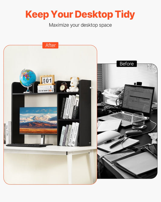 Desktop Bookshelf, 2-Tier Desktop Storage Organizer, 37.2' X 9.5' X 28.9' Office Storage Rack Wood Display Shelf, Desktop Bookshelf Hutch With Anti-Slip Feet Pads, For Office, Home & Dorm, Black