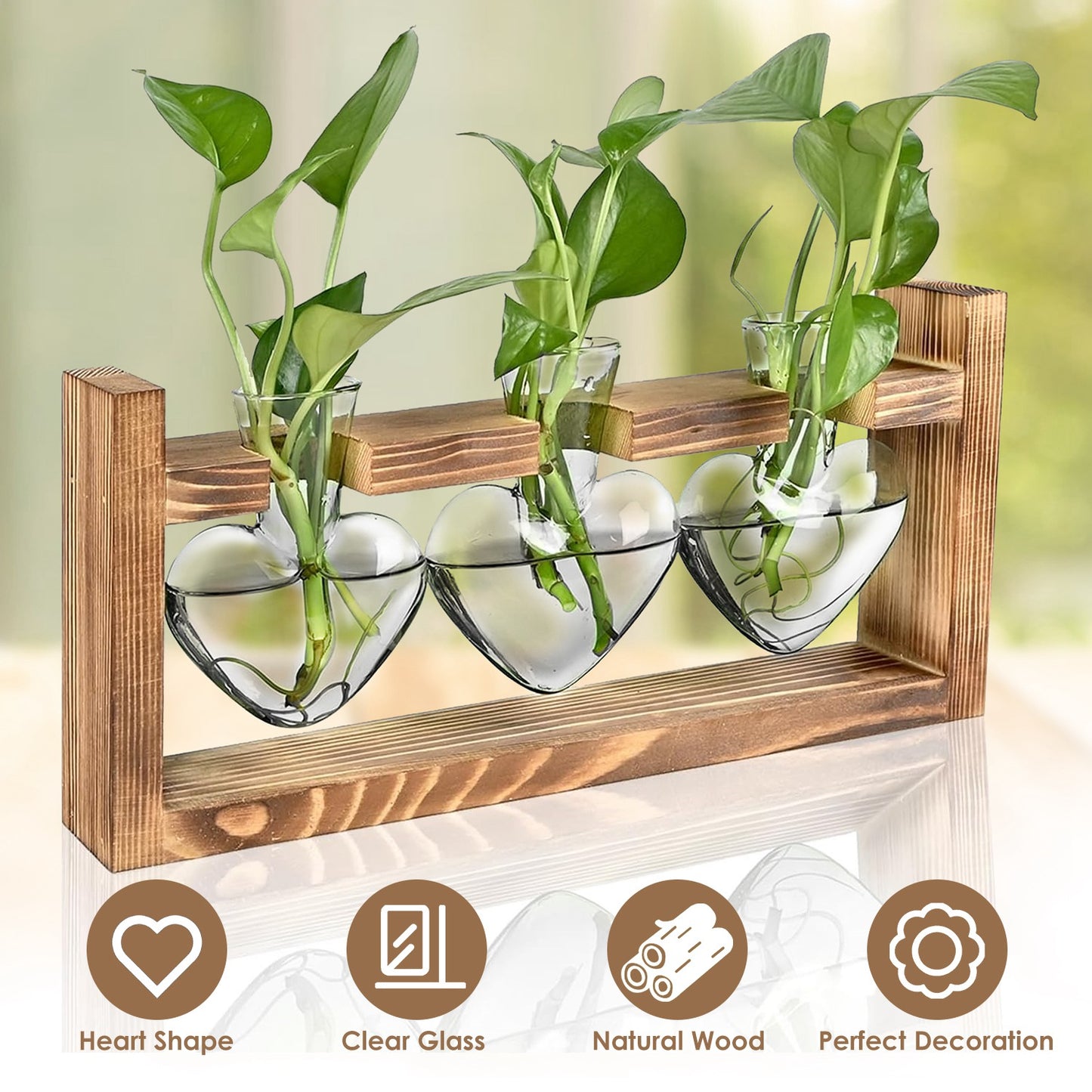 1Pc Plant Terrarium Propagation Station With 3 Heart Shaped Vases Wooden Stand Desktop Air Planter Bulb Glass Vase For Hydroponics Home Office Decor Gift For Plant Lovers