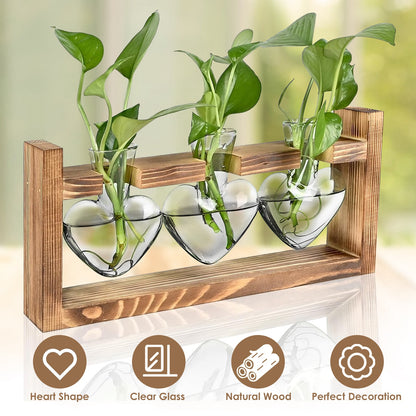 1Pc Plant Terrarium Propagation Station With 3 Heart Shaped Vases Wooden Stand Desktop Air Planter Bulb Glass Vase For Hydroponics Home Office Decor Gift For Plant Lovers