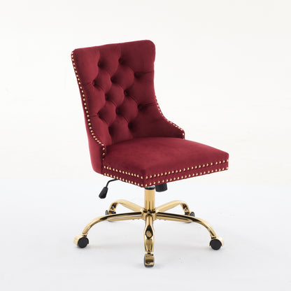 A&A Furniture Office Chair,Modern Velvet Upholstered Tufted Button Home Office Chair With Golden Metal Base,Adjustable Desk Chair Swivel Office Chair Wine Red