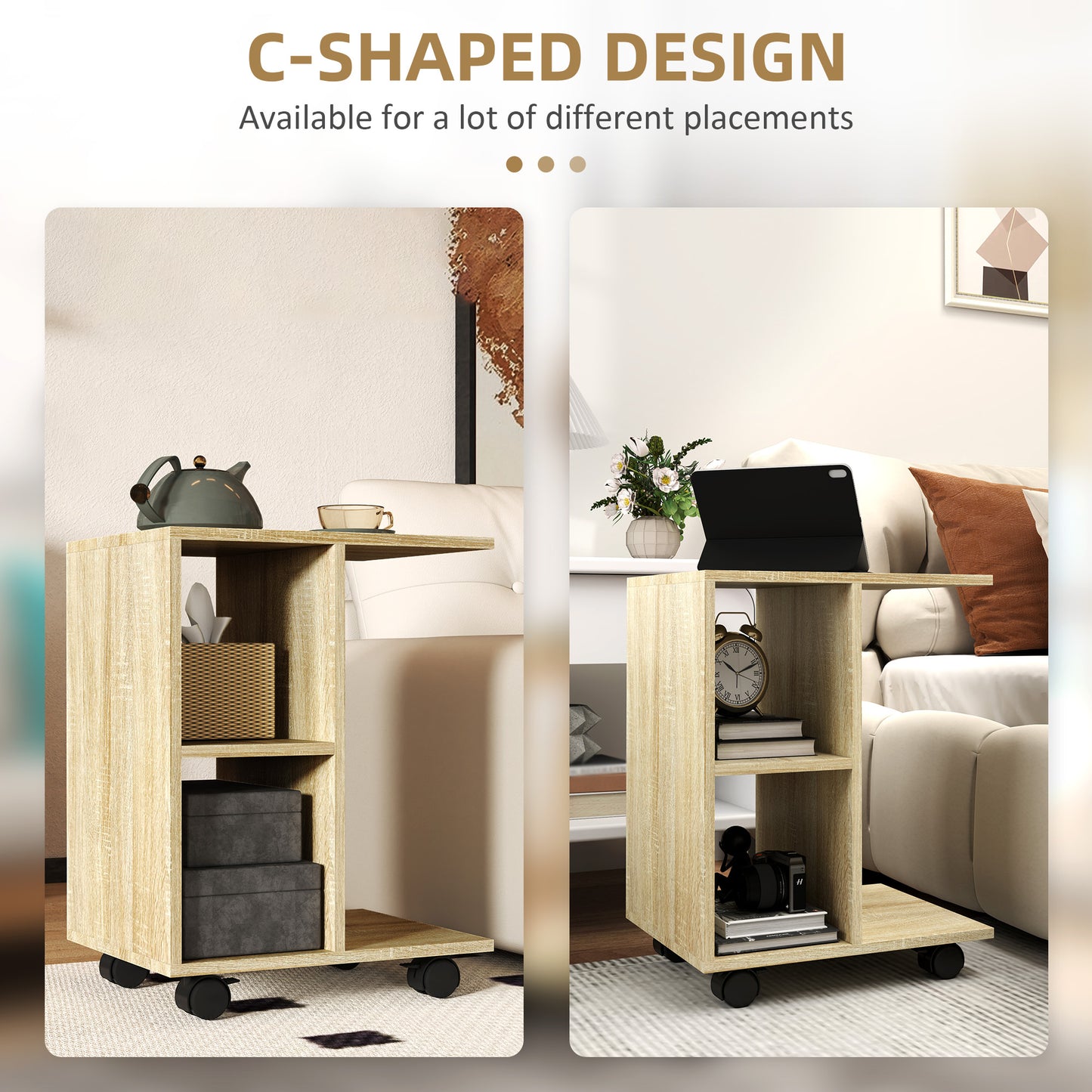 C-Shape End Table Unique Storage Unit W/ 2 Shelves 4 Wheels Freestanding Home Office Furniture Cabinet Square Studio Natural
