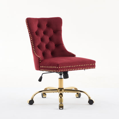 A&A Furniture Office Chair,Modern Velvet Upholstered Tufted Button Home Office Chair With Golden Metal Base,Adjustable Desk Chair Swivel Office Chair Wine Red
