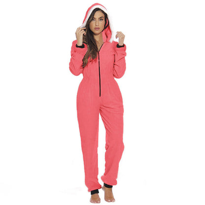 Women's Home Wear Christmas Plush Zipper Jumpsuit