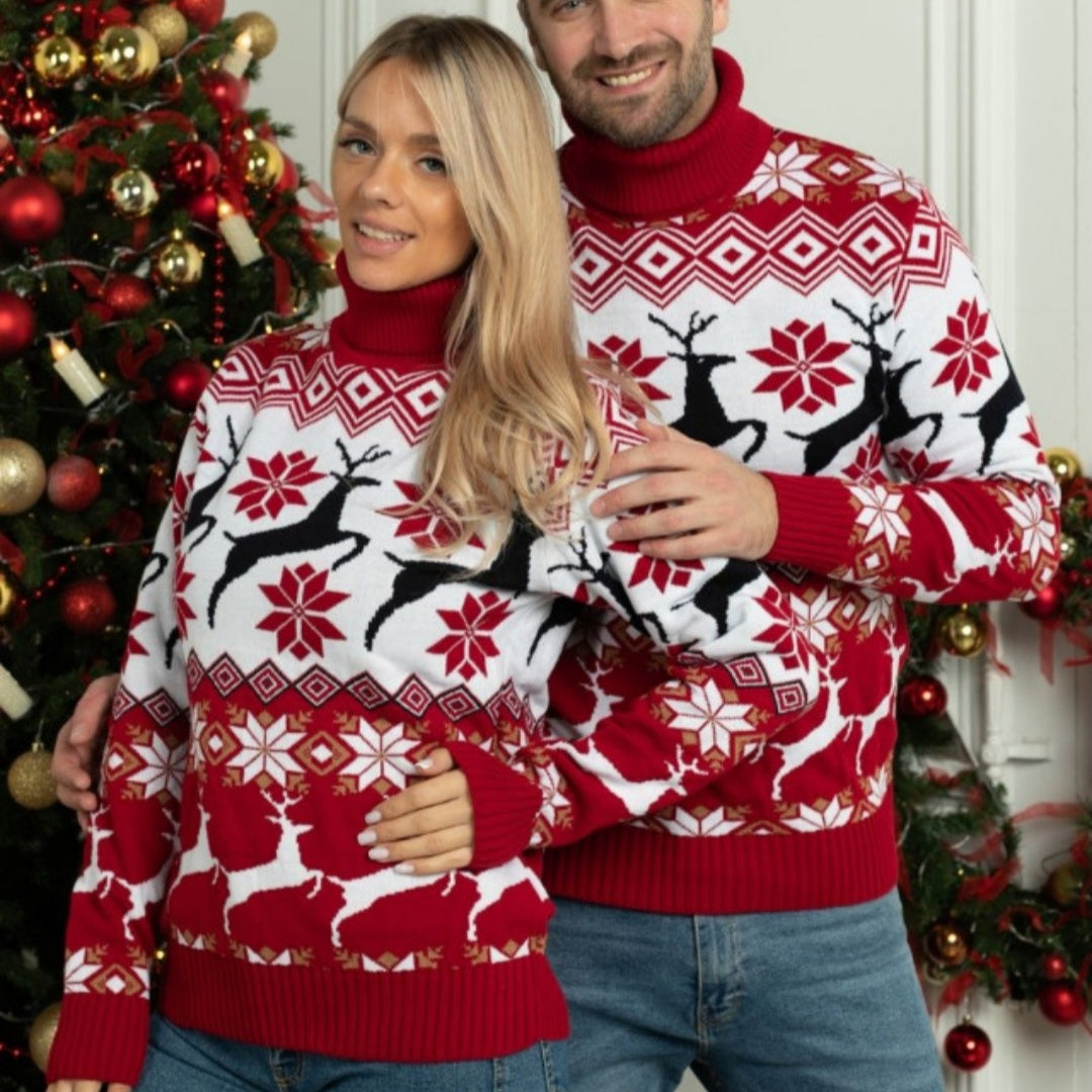 New Christmas Men's Women's Clothing Couple Wear Christmas Elk Jacquard Long Sleeve Turtleneck Sweater