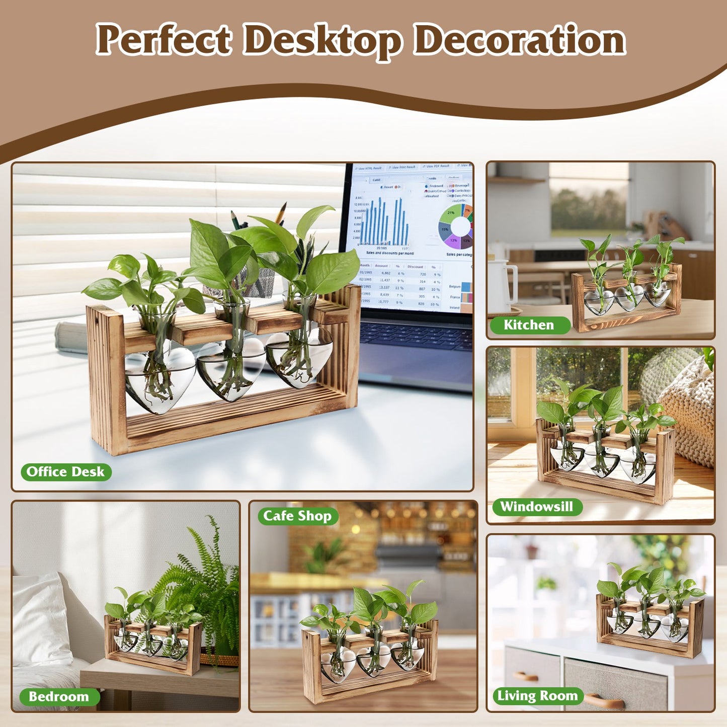 1Pc Plant Terrarium Propagation Station With 3 Heart Shaped Vases Wooden Stand Desktop Air Planter Bulb Glass Vase For Hydroponics Home Office Decor Gift For Plant Lovers