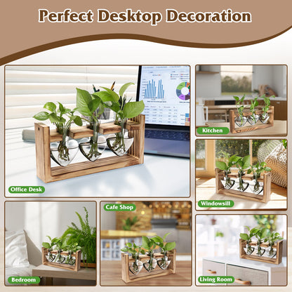 1Pc Plant Terrarium Propagation Station With 3 Heart Shaped Vases Wooden Stand Desktop Air Planter Bulb Glass Vase For Hydroponics Home Office Decor Gift For Plant Lovers